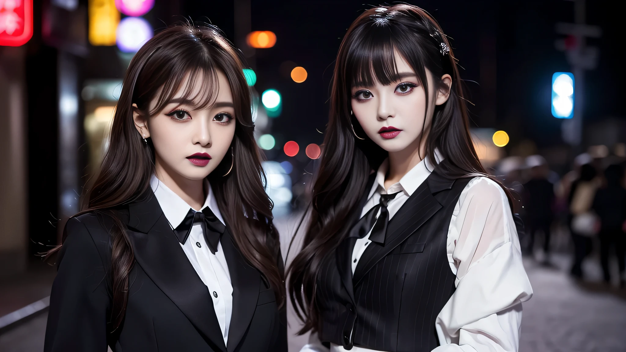 2girls、best quality、ultra-detailed、4k、Japanese、Seductive beauty、seductive adult woman、Pretty Woman、cool girl、Villainess、Brainwashed、brainwash、Fallen into evil、smirk、Evil look、Wicked Smile、evil、Brown hair、wavy hair、swept bangs、dark makeup、dark makeup、piercing eyes、hollow eyes,half-closed eyes、Hollow Eyes、Purple Eyeshadow、black lipstick、black lipglos、suit、Jacket、blouse、Black Ribbon、skirt、slit、Beautiful feet、Put your hands behind your back、night、Eerie Citadel、Are standing、