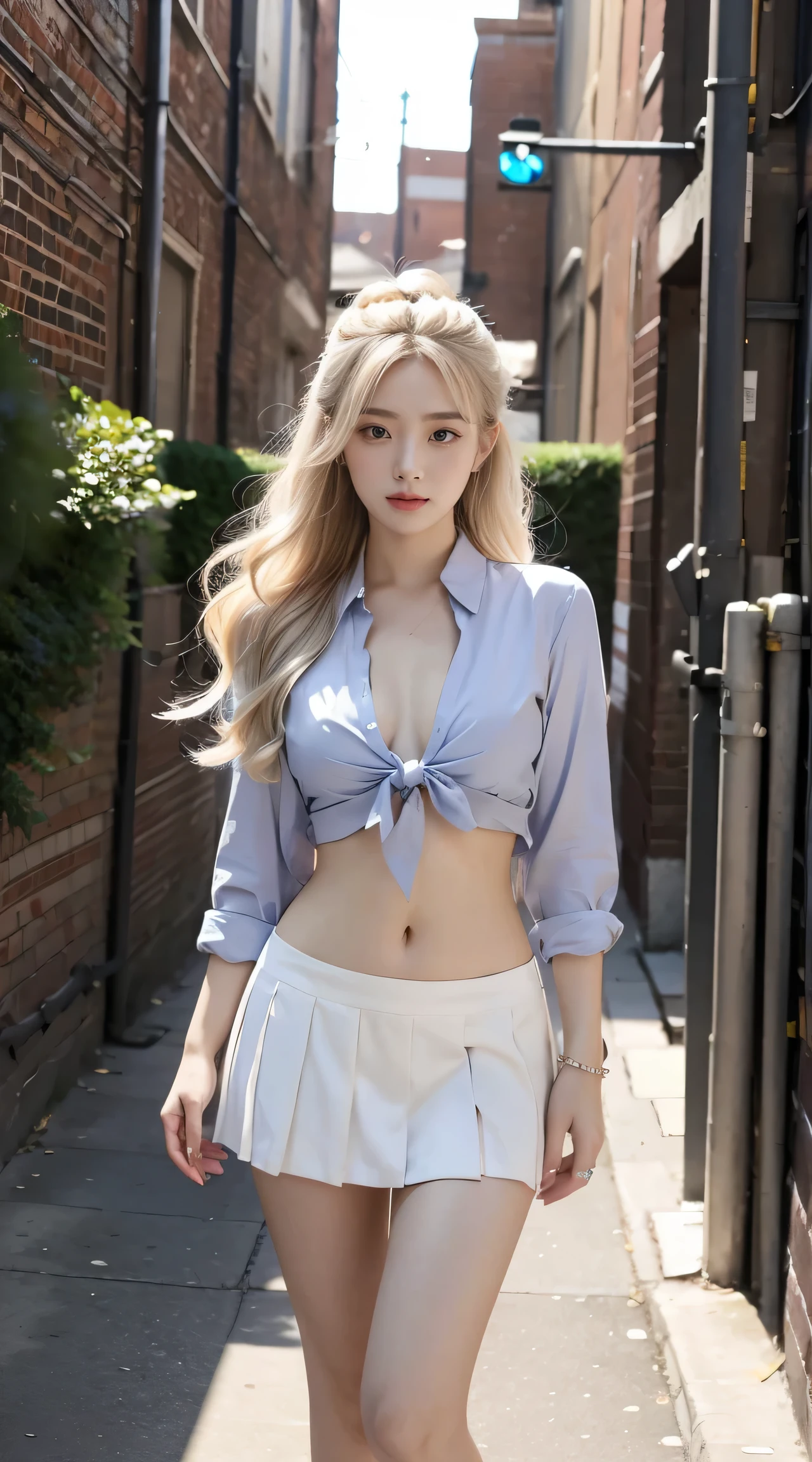 25-year-old Caucasian woman、Hair color is a gradation color from platinum blonde to blue.、Eye color is blue、Semi-long、hair is wavy、I'm wearing eyeshadow and lipstick、wearing a hair band、accessories on wrist、Slender but well-proportioned muscular body、The navel is visible、wearing a certain tie-front shirt、Chest Pochi、She's wearing a low-rise mini pleated skirt.、I'm in an alley of brick buildings in an old western city、I'm standing with my butt against the wall、a smile、Looking at the camera