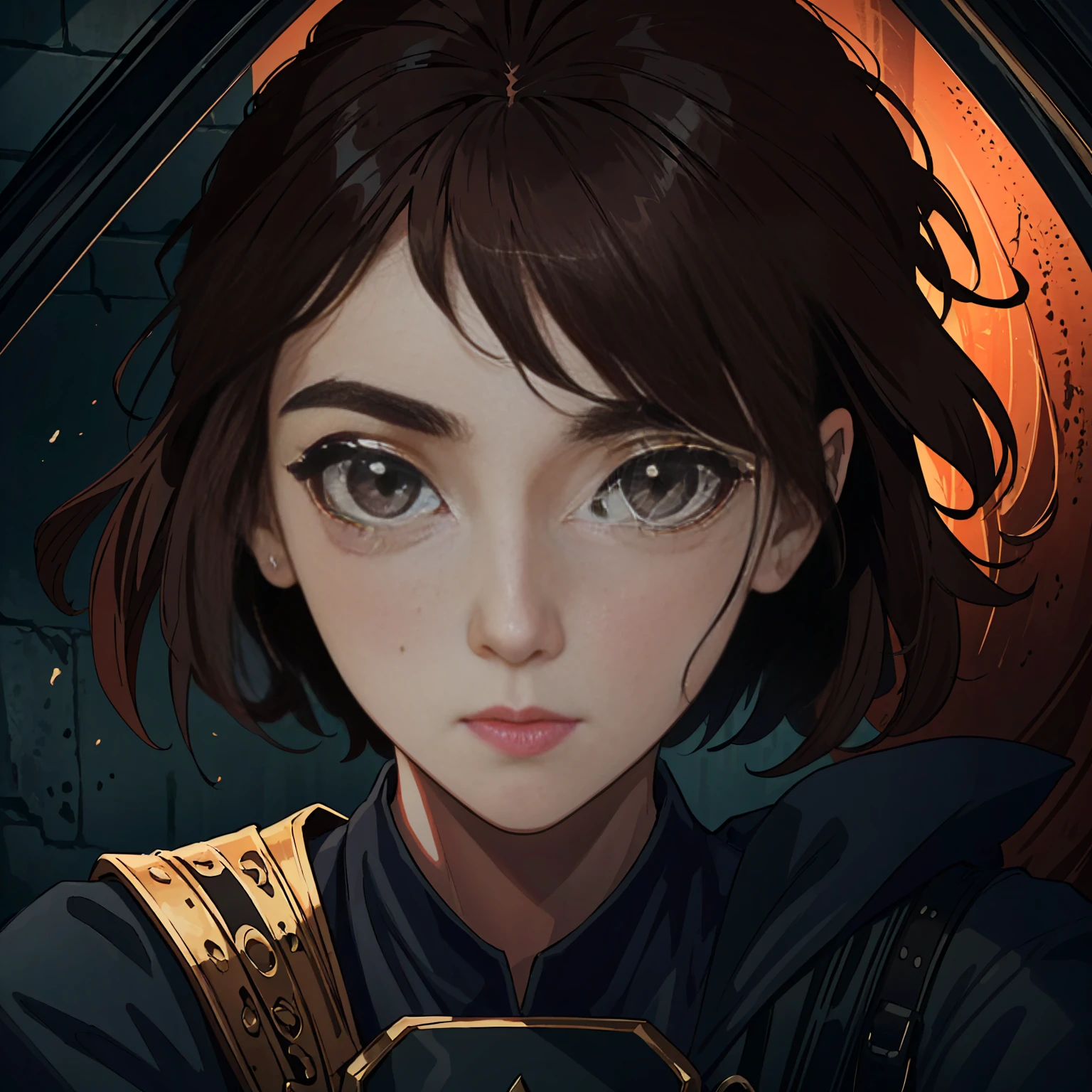 (8k, RAW photo, highest quality), beautiful girl, close up, dress, (detailed eyes:0.8), defiance512, (looking at the camera:1.4), (highest quality), (best shadow), intricate details, interior, ginger hair:1.3, dark studio, muted colors, freckle
