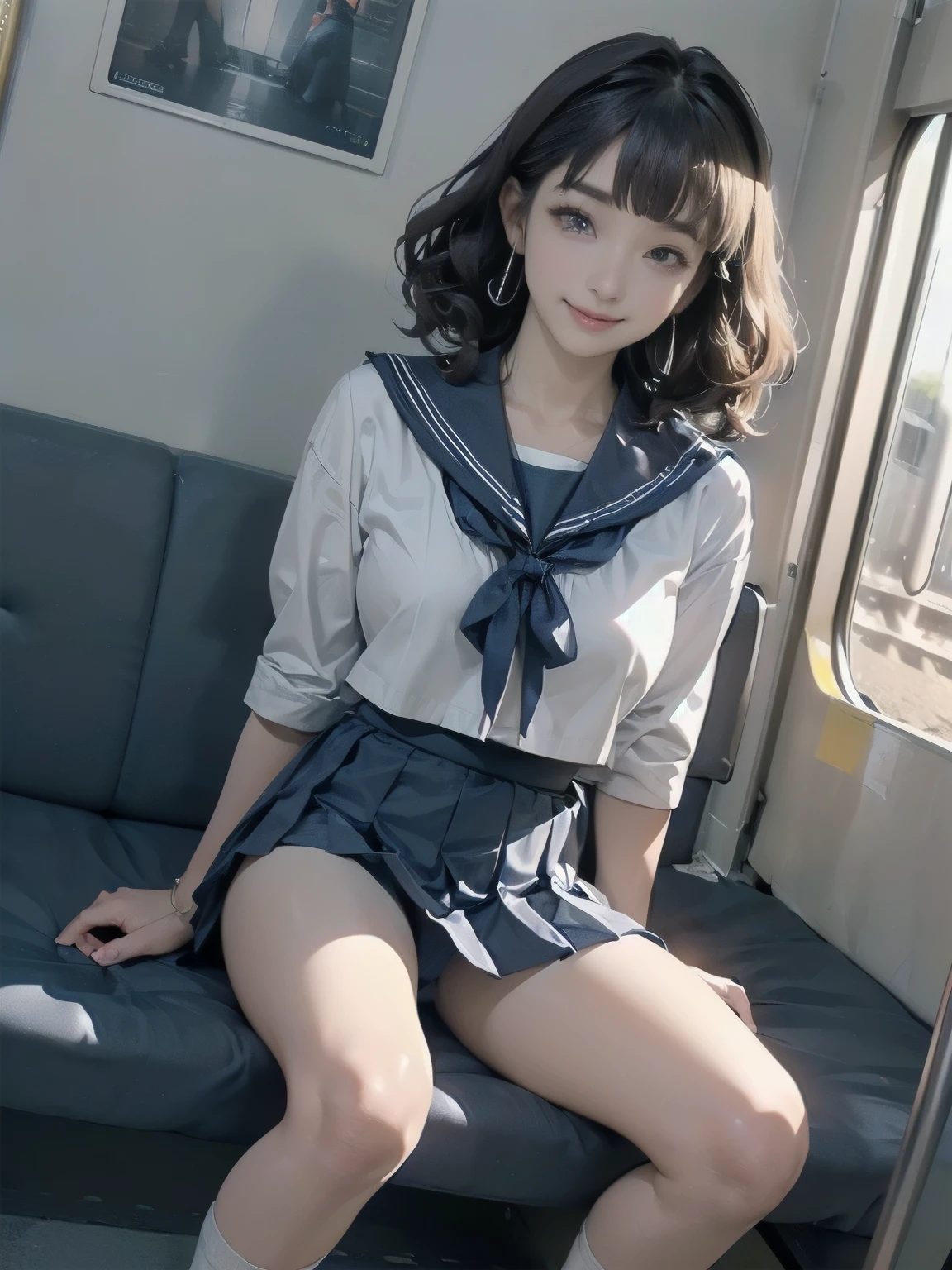 ((((highest quality))))、(((Ultra-precision CG16K wallpaper)))、(((masterpiece)))、(((Super detailed)))、(((Extreme detail)))、((1Mature 24 year old woman:1.5))、((Very beautiful Japanese faces))、((K-POP、Helin:1.5))、((Soft Wave Medium Hair、blunt bangs:1.5))、(Shiny brown hair)、Beautiful delicate eyes、eyeliner、eye shadow、Brown eyes、High nose、Small nostrils、Small Mouth、Seductive lips、Beautiful breasts、((C cup size breasts))、Cleavage、Voluptuous body、Perfect proportions、Perfect Anatomy、Perfect composition、Beautiful detailed shading、Beautiful, natural lighting、Beautiful detail glow、Depth of written boundary、(((High chroma)))、(((Real:1.9)))、((vivid:1.5))、((Beautiful Skin))、((Skin Texture))、((Realな皮膚感))、(((Full Shot:1.6)))、((Front view、Front low angle:1.6))、((Shy laugh:1.5))、(The woman is facing this way:1.5)、Bright daylight、Natural light、(((sitting with legs spread apart on a train seat:1.6)))、(Sitting pose:1.5)、(((White wearing sailor uniform、Navy blue pleated miniskirt:1.6)))、((Earrings、necklace、Wearing a hair band:1.3))、(((socks、Loafers:1.6)))、
