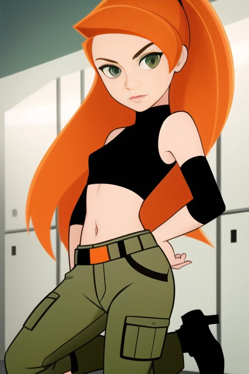 kim possible style, masterpiece, best quality, solo, 1girl, green eyes, long hair, orange hair, upper body, turtleneck, parody, indoors, , black shirt, 1girl, bare arms, bare shoulders, breasts, midriff, green eyes, highres, indoors, kim possible, kimberly ann possible, knee up, locker, locker room, long hair, midriff, cargo pants, navel, oira wa arumajiro, orange hair, small breasts, solo