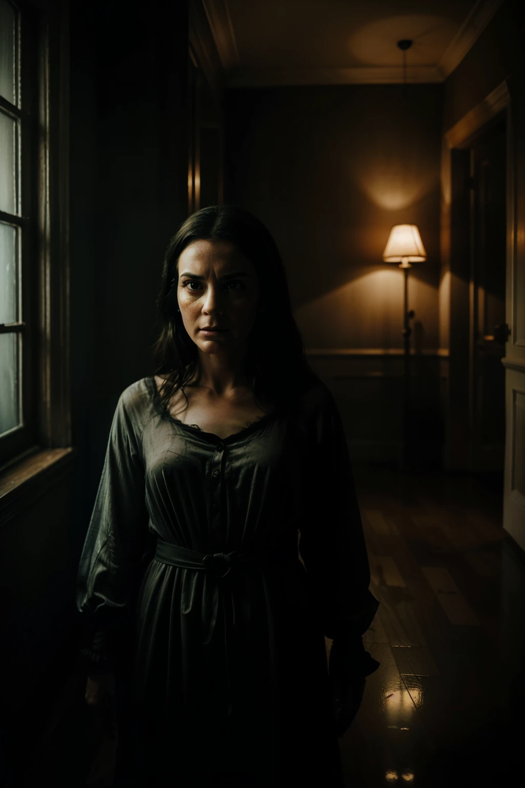 (Best quality, Ultra-detailed: 1.3), Horror movie still, Haunted hotel, Ghostly figure, Fear-stricken woman, Sleepless night, Eerie atmosphere, Creaking floorboards, Dusty drapes, Tattered wallpaper, Shadows dancing on the walls, Corner of the eye sighting, Goosebumps-inducing, (Photorealistic: 1.5),, Hotel lobby, Old grandfather clock ticking, Distant echoes of footsteps, Eerie piano music playing in the background, Foggy windows letting in faint moonlight, Bulging eyes and open mouth in terror, (Depth of field: 1