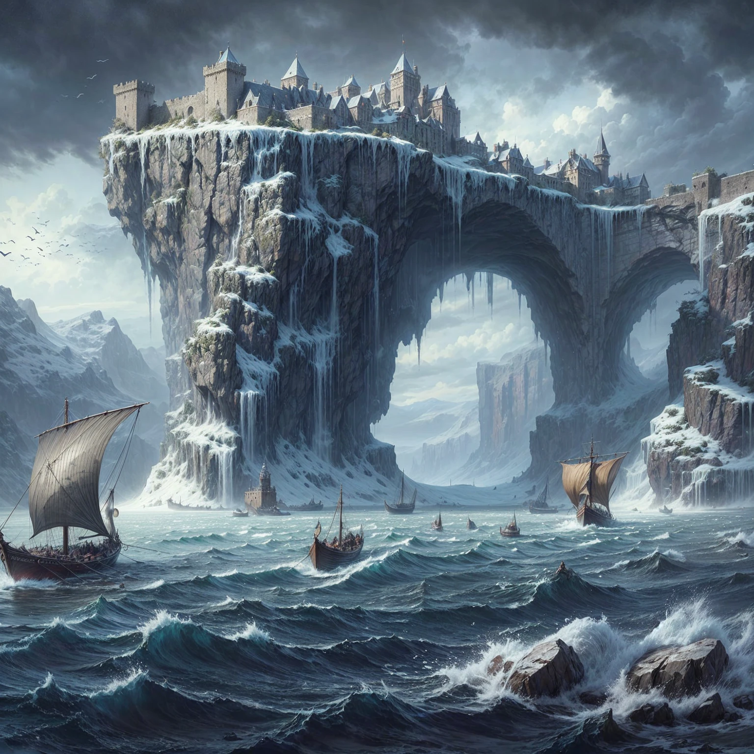 There are many boats in the water near a castle on a cliff, Andreas Rocha und John Howe, Symmetrische epische Fantasy-Kunst, erstaunlich exquisites Matte Painting, Fantasie-Matte-Painting, dramatische Konzeptkunst, Game Art Matte Painting, detailed matte fantasy painting, von Kerembeyit, high Fantasie-Matte-Painting, atemberaubende matte Malerei, Abbildung Matte Painting