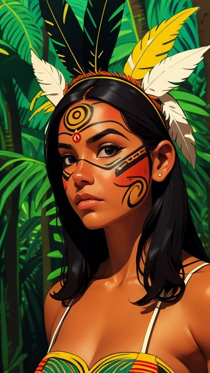 masterpiece, high quality, beautiful indigenous hunter woman, portrait, jungle, ultra detailed, <lora:add_detail:.5>, huge juicy lips, primitive clothing, red war make up , from side, hiding, close-up, hunting, bow, arrows, focused, dynamic pose,