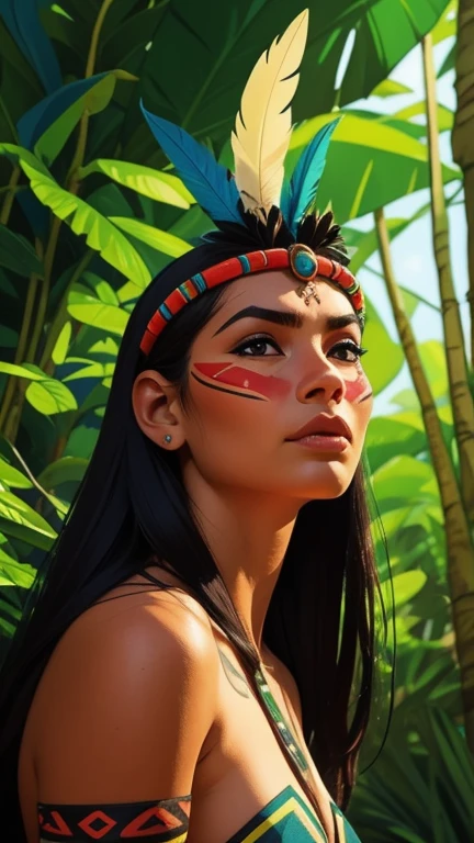 Arte em quadrinhos, pintura digital. A beautiful indigenous girl in native with feathers and feathers on her head, Amazonian indigenous peoples in Brazil, linda jovem feminina brasileira nativa, pintar o rosto, corpo quente, Yanomami Indian in typical costumes,alta qualidade. Amazon rainforest and river bottom. cores vivas, cinematic lighting. detalhado, intrincado, detalhado face.