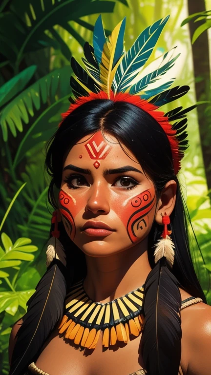 Arte em quadrinhos, pintura digital. A beautiful indigenous girl in native with feathers and feathers on her head, Amazonian indigenous peoples in Brazil, linda jovem feminina brasileira nativa, pintar o rosto, corpo quente, Yanomami Indian in typical costumes,alta qualidade. Amazon rainforest and river bottom. cores vivas, cinematic lighting. detalhado, intrincado, detalhado face.