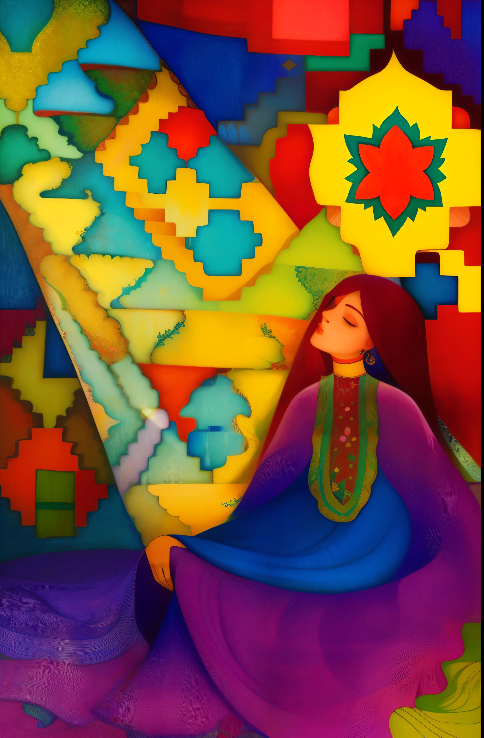 a painting of a woman sitting on a colorful rug with a bright light coming from her eyes, persian folkore artstyle, persian folkore illustration, persian folktale artstyle, persian folklore illustration, by Maryam Hashemi, by Lubna Agha, inspired by Abdur Rahman Chughtai, persian folktale art style, folkloric illustration