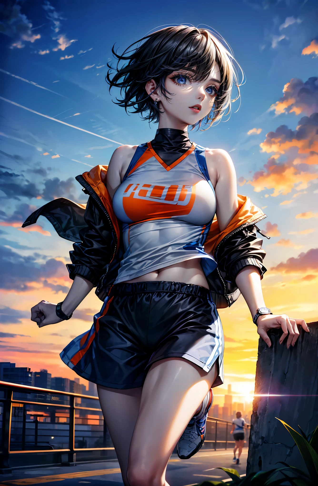 Hyper Quality、8K quality、High resolution、Image quality captured with a single-lens reflex camera、(software)、Perfect Anatomy、(Black Grey Short Hair、Shoulder-length hair:1.2)22 year old beauty.Mature face、blue eyes(Sharp look:1.4)(Good shape and normal breasts)
BREAK
(Wear a blue sporty outfit with lines、running shoes:1.3)
Look to the side(Perfect Anatomy:1.4)break(watch the sunrise、Looking away:1.2)(The orange morning sun is dazzling🌇:1.3)(Fresh green tree々There is a park、Next to the lake:1.1)