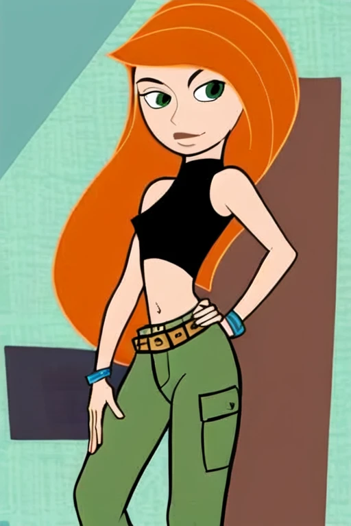 kim possible style, masterpiece, best quality, solo, 1girl, green eyes, long hair, orange hair, upper body, turtleneck, parody, indoors, , black shirt, 1girl, bare arms, bare shoulders, breasts, midriff, green eyes, highres, indoors, kim possible, kimberly ann possible, knee up, locker, locker room, long hair, midriff, cargo pants, navel, oira wa arumajiro, orange hair, small breasts, solo