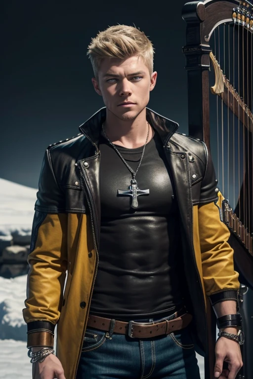 Rick Cosnett 20-year-old boy with open brown jacket, blue t-shirt with snow print, short black hair, punk style, yellow locks, black jeans, green eyes, black leather belt, silver buckle, slim muscular build, cross medallion, silver bracelet, looking straight at the viewer, holding a harp