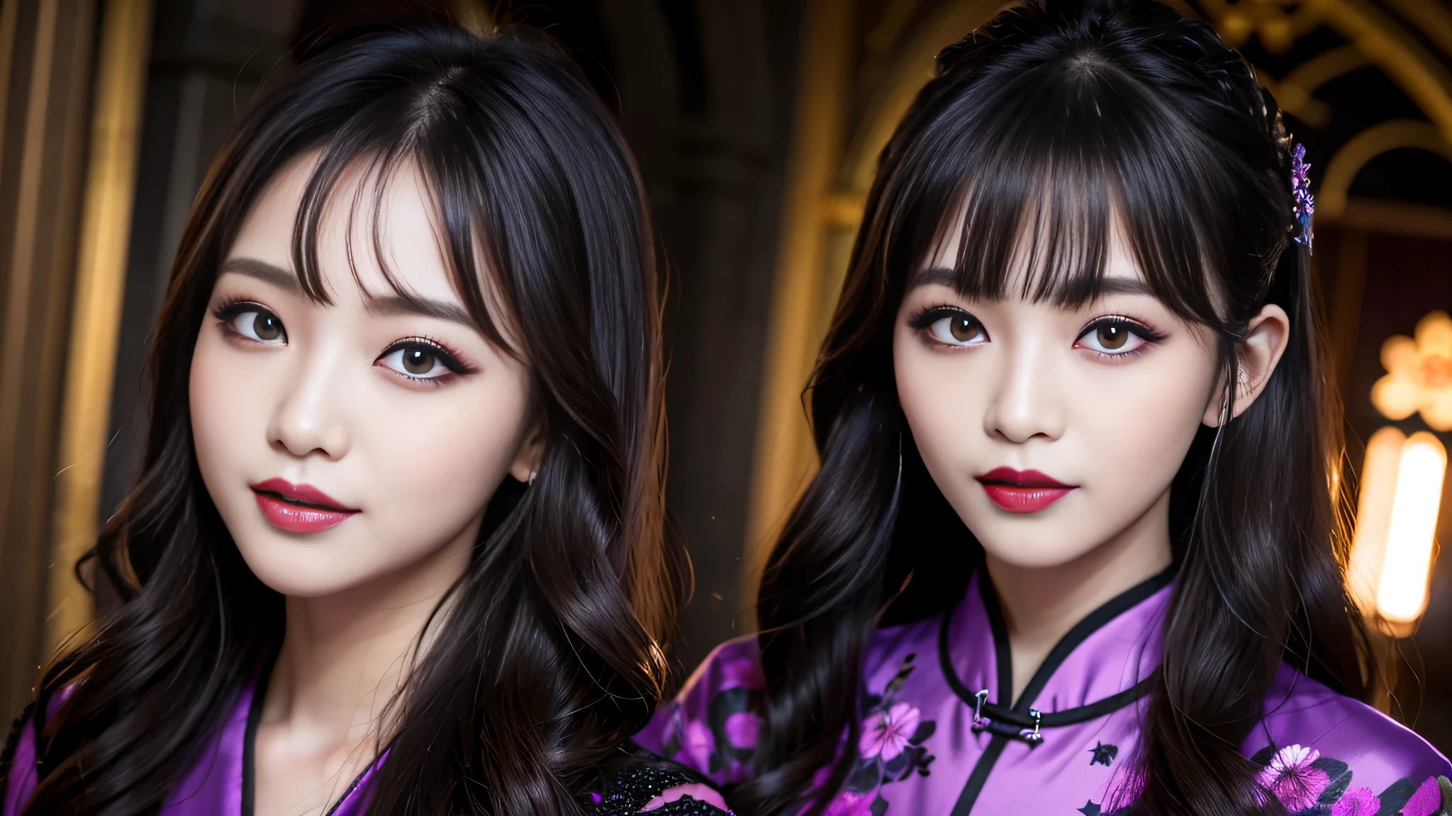 best quality、ultra-detailed、4k、Japanese、Seductive beauty、seductive adult woman、Pretty Woman、cool girl、Villainess、Brainwashed、brainwash、Fallen into evil、smirk、Evil look、Wicked Smile、evil、Brown hair、wavy hair、swept bangs、dark makeup、dark makeup、piercing eyes、hollow eyes,half-closed eyes、Hollow Eyes、Purple Eyeshadow、black lipstick、black lipglos、Long Black Cheongsam、Wide sleeves、night、inside church、Applying lipstick