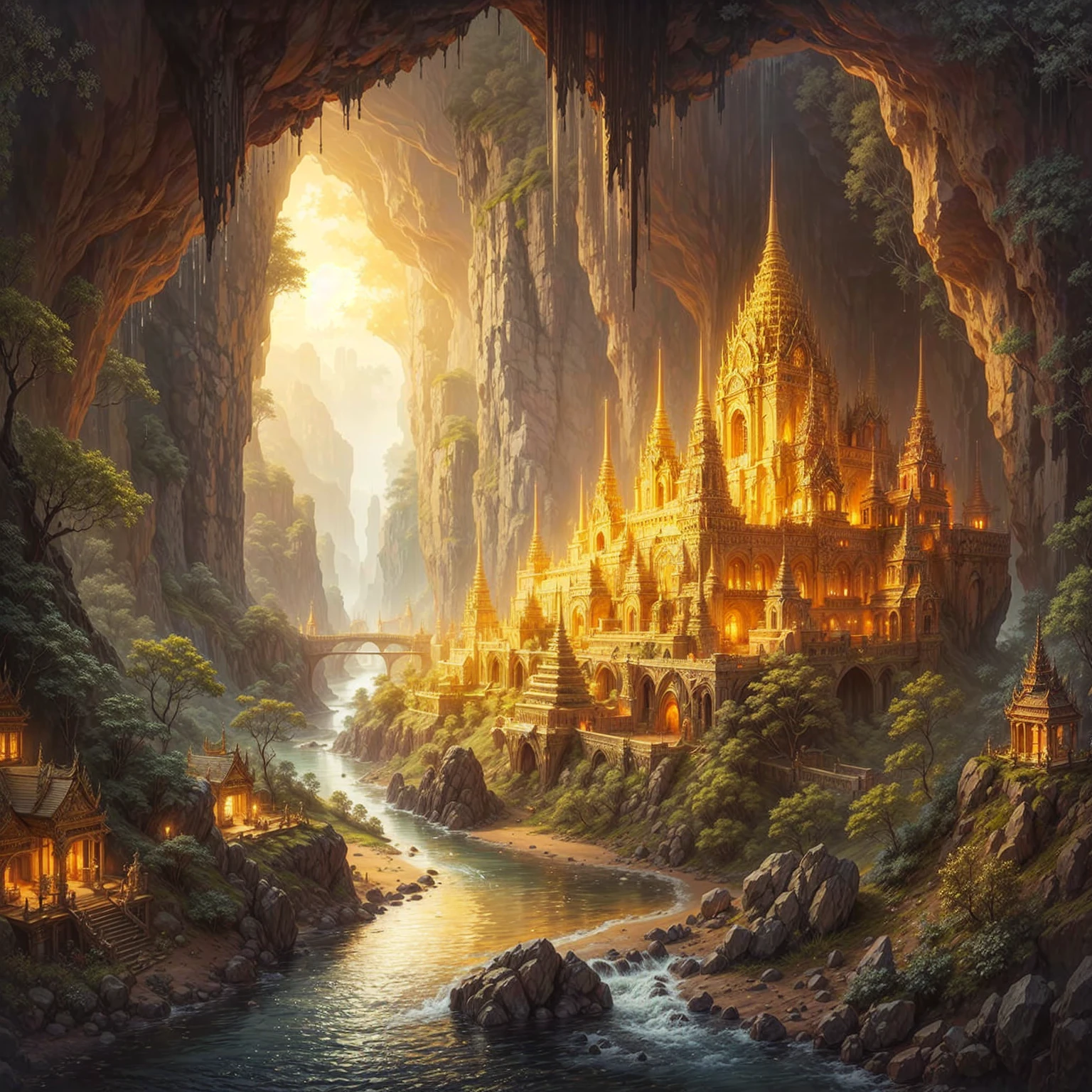 a painting of a castle in a cave, through which a river flows, hochdetaillierte Fantasy-Kunst, detailed matte fantasy painting, beautiful fantasy cave scene, thailand art, detaillierte Fantasie digitale Kunst, Fantasie Kunst Landschaft, atemberaubende Fantasy-Kunst, Fantasy-Kunstrealistische Malerei, epische Bruchtal-Fantasie, beautiful detailed fantasy, beeindruckende Fantasielandschaft, Fantasie hochdetailliert, 4K-Fantasy-Kunst