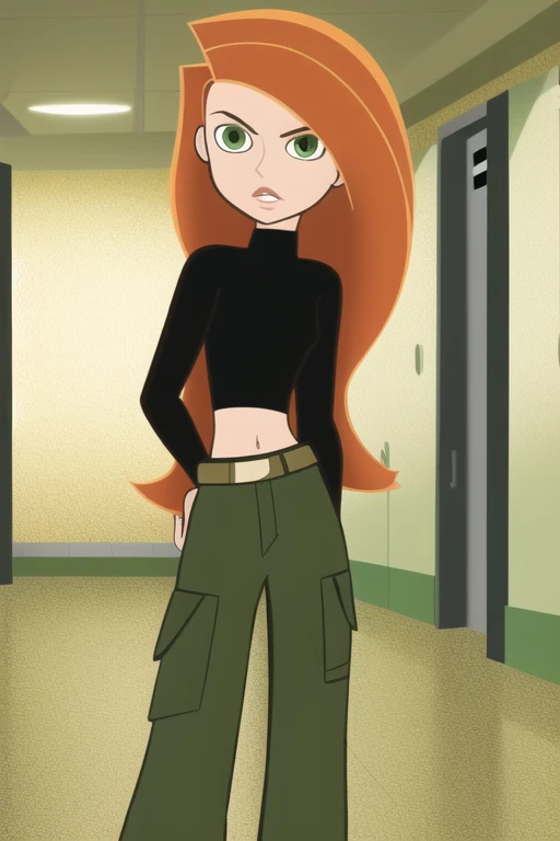 kim possible style, masterpiece, best quality, solo, 1girl, green eyes, long hair, orange hair, upper body, turtleneck, parody, indoors, , black shirt, 1girl, bare arms, bare shoulders, breasts, midriff, green eyes, highres, indoors, kim possible, kimberly ann possible, knee up, locker, locker room, long hair, midriff, cargo pants, navel, oira wa arumajiro, orange hair, small breasts, solo
