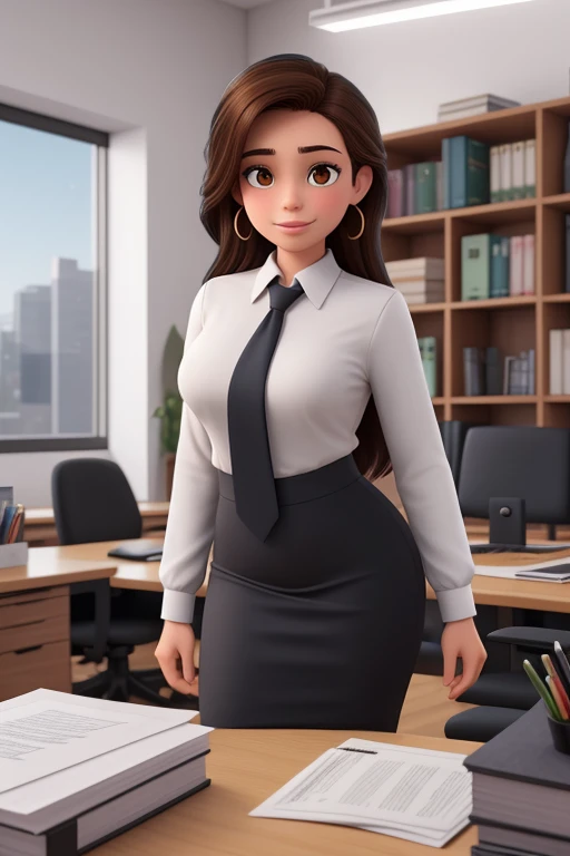 Uma mulher de 30 anos, cabelo  liso longos preto, olhos castanhos, Rosto redondo, sorriso encantador, , em uma sala de aula, studio lighting, works with business woman cartoon style she is wearing black clothes, office dress shirt, Saia, Bookcase behind her, And an office desk in front of you, uma janela com vista para as montanhas do seu lado direito