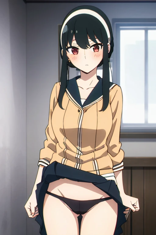 (masterpiece, highest quality: 1.2), alone, 1 girl, alone, panties，，Browsing Caution，black，Sailor suit，blazer，your heather, see-through panties，blush，かなりEmbarrassing， View your viewers, Long black hair, head band,  Earrings, Big Breasts, Medium Waist,Medium Hips, wide thighs, Embarrassing, charm, Good move...., Excellent anatomy,panties，classroom，，Sailor suit，blazer，skirt， (((skirtめくり, I can see your pants)))，