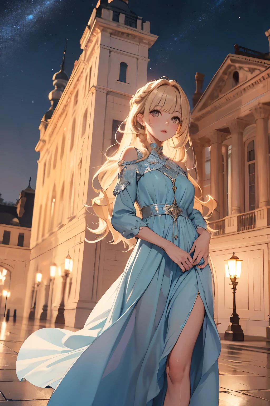 Blonde girl with curly long hair with bangs and brown eyes wearing a beautiful light blue sparkling dress in a palace at night. Her hair has braids