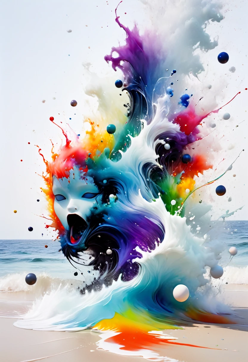 scribble art,ink splatter,wild and unrestrained,splash ink painting,Abstractionism,colorful,Blurry dreams,Dynamic energy,release creation,visual impact,modern aesthetic,Elegant and simple,Contemporary interpretation,Be bold,White background,Lots of white space,Colored glass marbles fall into sea of ink,ink splatter moment,Stir up huge colorful waveagnificent