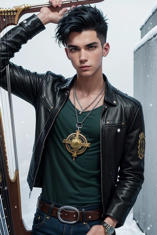 Benjamin Ayres 20-year-old boy with open brown jacket, blue t-shirt with snow print, short black hair, punk style, yellow locks, black jeans, green eyes, black leather belt, silver buckle, slim muscular build, cross medallion, silver bracelet, looking straight at the viewer, holding a harp