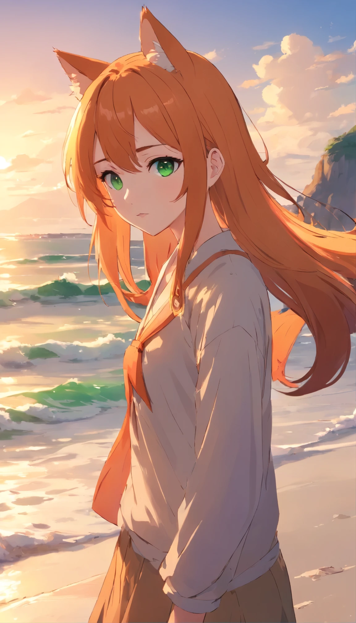 anime girl with long orange hair standing on beach near ocean, green eyes detailed digital anime art, cat ears, anime girl with long hair, smooth anime cg art, anime girl with long hair, digital anime art, artwork in the style of guweiz, beautiful anime portrait, photorealistic anime girl render, beautiful anime girl, advanced digital anime art, guweiz on artstation pixiv upscale HD UHD HQ
