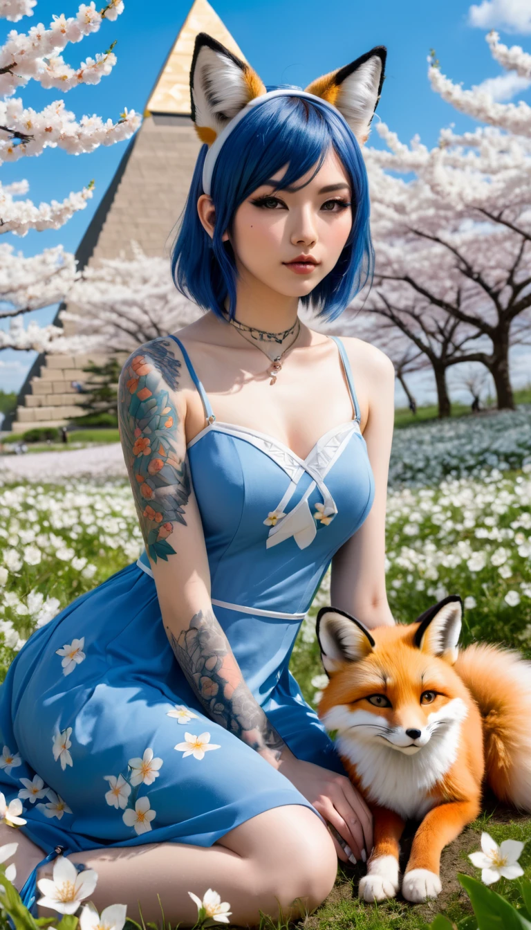 A beautiful anime girl with cat ears and a fox tail sits in a field of white flowers. She has tattoos on her skin and is wearing a blue dress. In the background, there are blooming cherry blossoms and a pyramid.