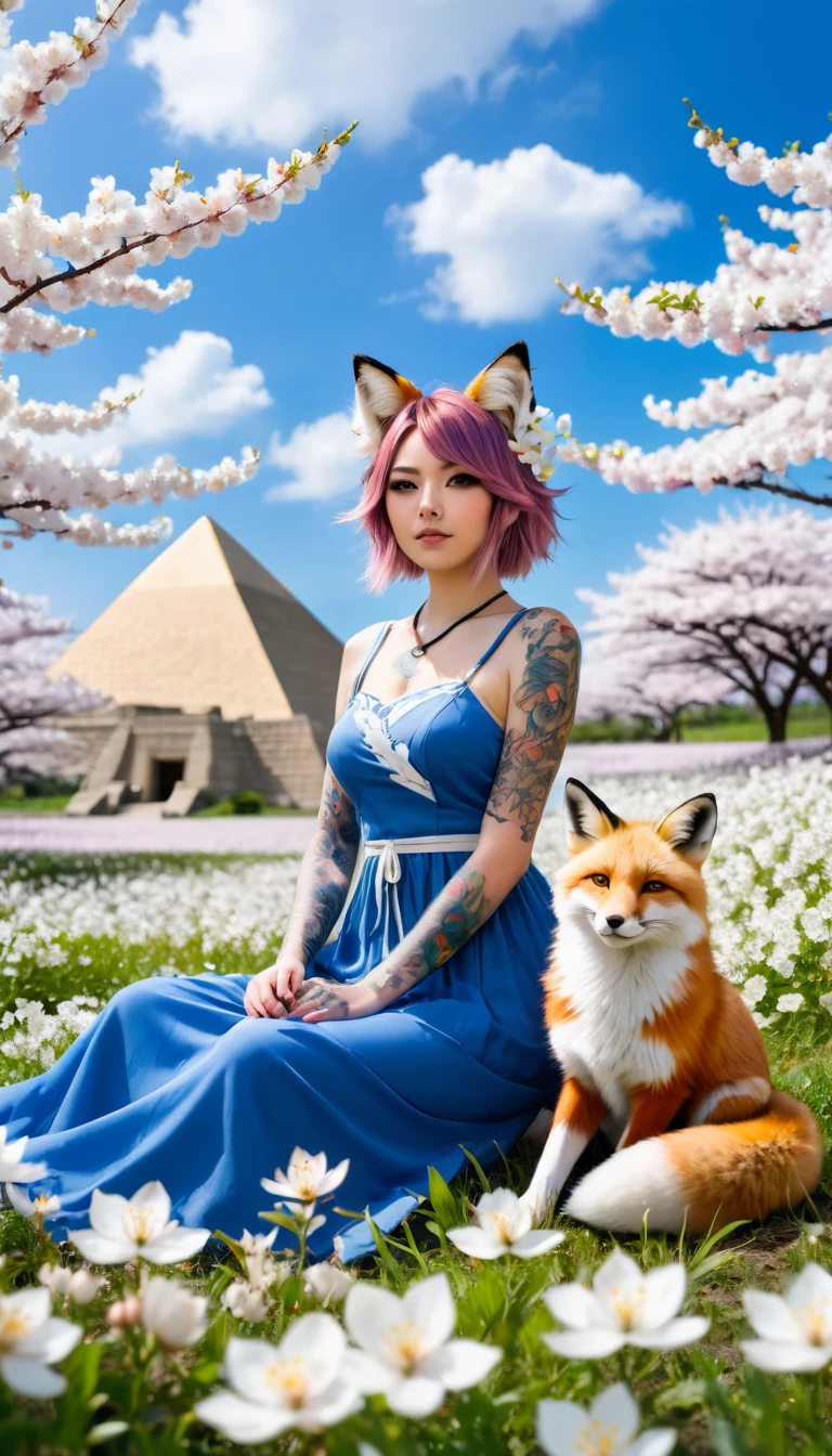 A beautiful anime girl with cat ears and a fox tail sits in a field of white flowers. She has tattoos on her skin and is wearing a blue dress. In the background, there are blooming cherry blossoms and a pyramid.