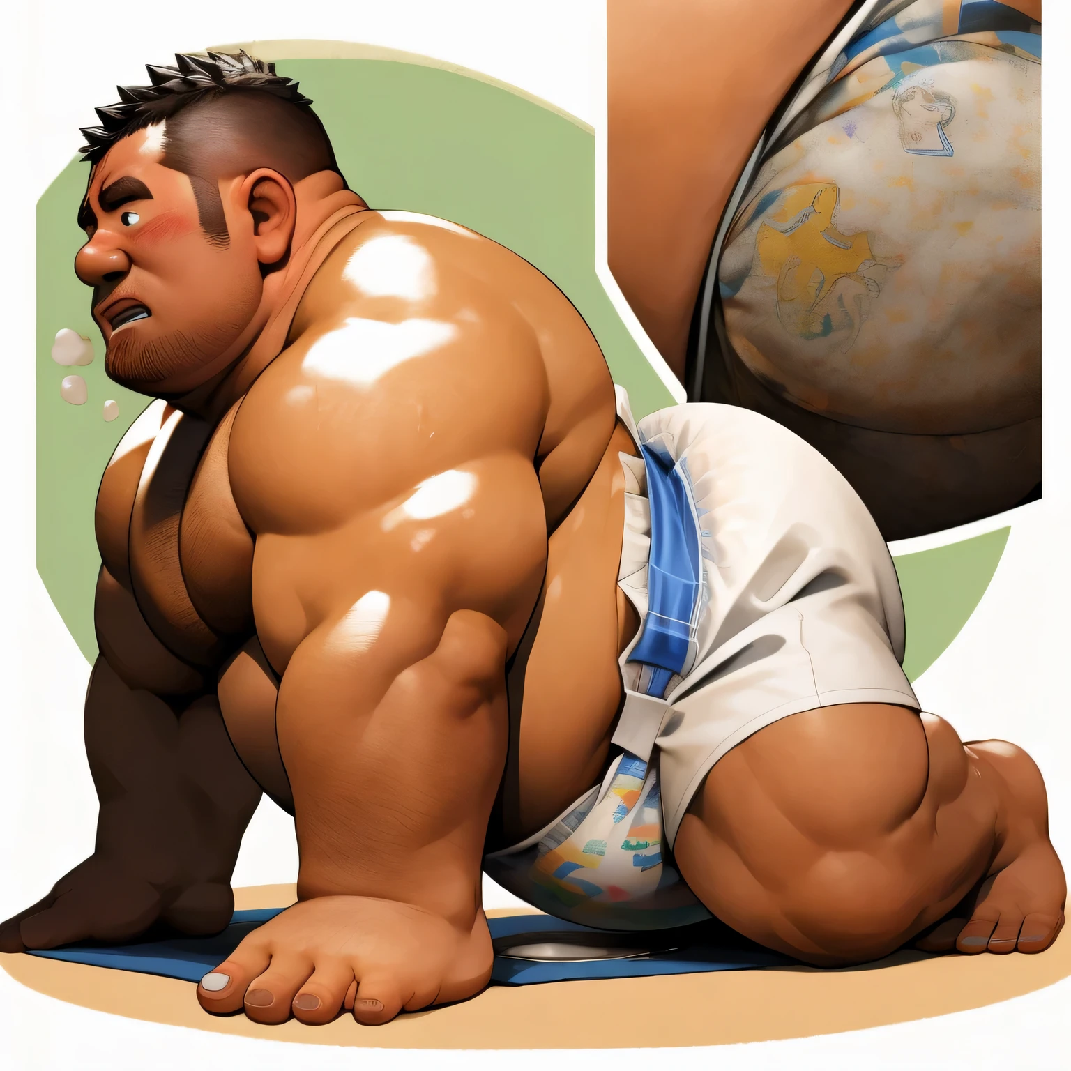 masterpiece, Top quality, in 32K, perfect anatomy, hyper detailed, super fine illustration, The thick man is a brutal prisoner, retarded, hairy human, 50yo in Japan, (fatness: 1.0), Fatty muscle, Bowleg, disappointment, incontinent, be diaper check by children, waddle, There is a small puddle under him, incontinent, Naked, short legs, Bowleg, spread legs, wear a White cloth Diaper, Bare belly, Bare legs, Bare foots, Bare soles, Shirtless, wide forehead and short thinning hair, Man with round face with stubble, Bare foots, Bare soles, shy, sissy, Weaker than children, Drool, Round face, steams, Solo, He enters nursery school and is despised by children, He surrounded by children, His bottom is wet, Bare foots, big butt, he is scolded by the children, White Diaper, He surrounded by children, sobbing, wear a White cloth Diaper, shirtless, There is a small puddle under him, He enters nursery school and is despised by children, big butt, sobbing, He crawling to go to children, on all fours, side view