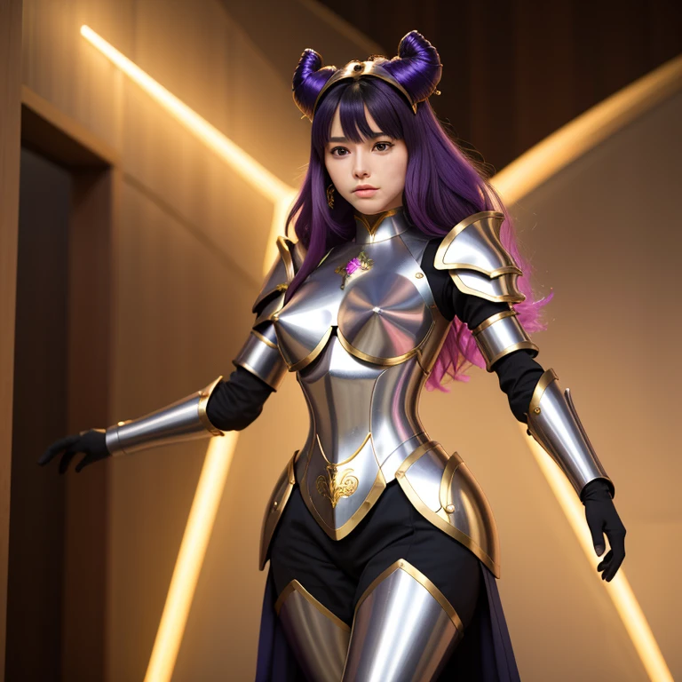 hyper realistic ultra detailed photograph , 8K, ultra-detailliert, ​masterpiece, top-quality, A high resolution, realistic skin textures, (fimale people:1.2), twinks, a beauty, Cool girls, long purple hair,With keen eyes, Bad eyes, armature, (Photorealsitic:1.4), hight resolution, Raw foto, One Girls, shinny skin, (detailedskin:1.2), realistic skin textures, The best lighting, brilliance, mecha-armored, dramatic  lighting, Saint Seiya's Fighting Pose, (sangtuary background:1.3), use energy cosmo yellow, cosmos, Athena Armor, golden armour, (de pele branca), (long bluish-purple hair:1.1), He wears a long white cape that goes down to his feet., 2, Hair and cloak fluttering in the wind
