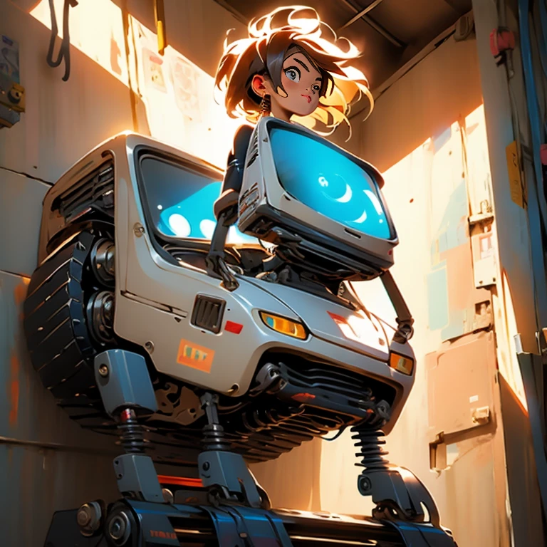 Girl inspired by Eva from Pixar's Wall-E animation with the wall-e robot in adult format
