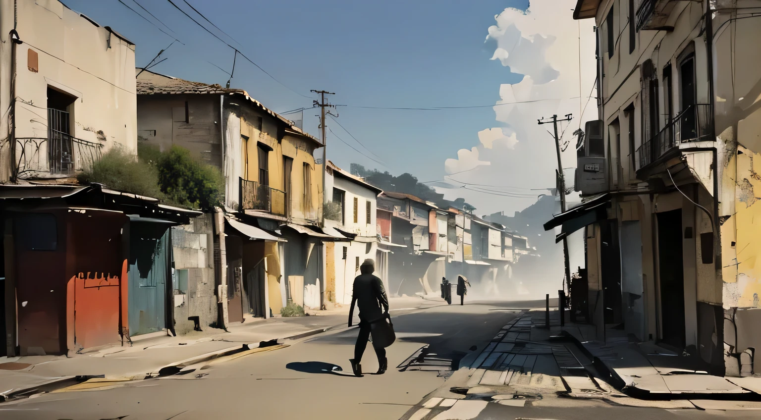 "A sad man passing by a deserted street in Estácio, Rio de Janeiro, with a mural (old wall) depicting torn hearts on an outdoor billboard. (best quality, highres), with ultra-detailed and realistic portrayal, showcasing the vibrant colors and bokeh effect. The mural is created with a mix of painting and illustration techniques, giving it an artistic touch. The street is empty, emphasizing the desolation and loneliness. The old wall showcases a weathered texture, adding character to the scene. The lighting is dramatic, casting long shadows on the wall and creating a sense of mystery. The overall color tone is somber, with a hint of melancholy. The old men walking past the mural is wearing casual attire, conveying a sense of solitude and contemplation. The mural acts as a visual representation of heartbreak and emotional vulnerability, setting a poignant tone for the artwork. The composition of the image is carefully framed to capture the essence of the deserted street and the emotional impact of the mural's imagery.