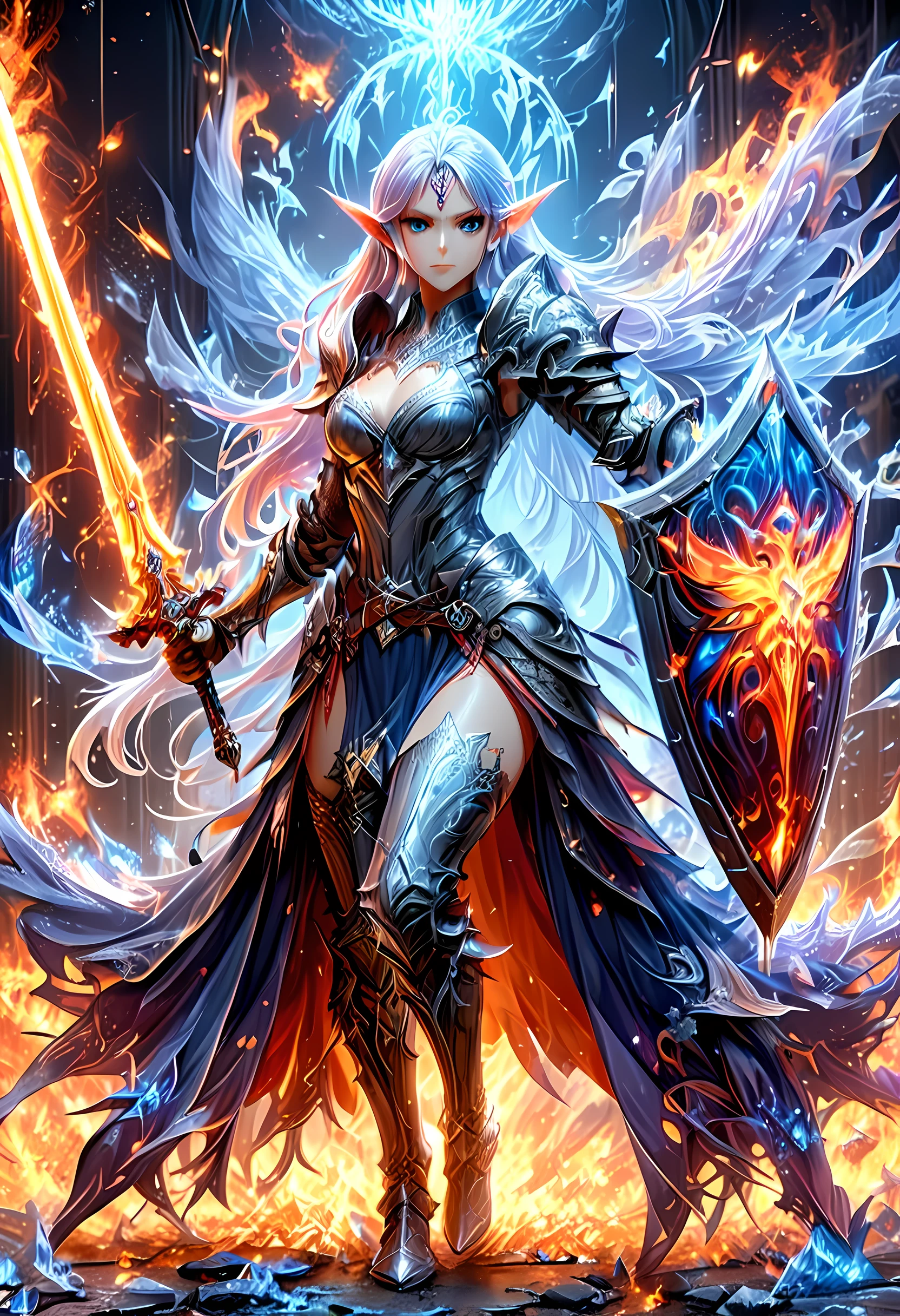 a picture of a female elf (intense details, Masterpiece, best quality: 1.5) fantasy swashbuckler, fantasy fencer, armed with a slim sword, shinning sword, metallic shine, colorful clothes, dynamic clothing, an ultra wide shot, full body (intense details, Masterpiece, best quality: 1.5)epic beautiful female elf (intense details, Masterpiece, best quality: 1.5), rich hair, braided hair, small pointed ears, Sword and shield, GLOWING SWORD [colorful magical sigils in the air],[ colorful arcane markings floating] (intricate details, Masterpiece, best quality: 1.6), holding a [sword] (intricate details, Masterpiece, best quality: 1.6) holding a [sword glowing in red light] fantasy urban street (intense details, Masterpiece, best quality: 1.5),  purple cloak, long cloak (intense details, Masterpiece, best quality: 1.5), sense of daring, sense of adventure,  high details, best quality, 8k, [ultra detailed], masterpiece, best quality, (extremely detailed), dynamic angle, ultra wide shot, photorealistic, RAW, fantasy art, dnd art,fantasy art, realistic art, DonM3lv3s