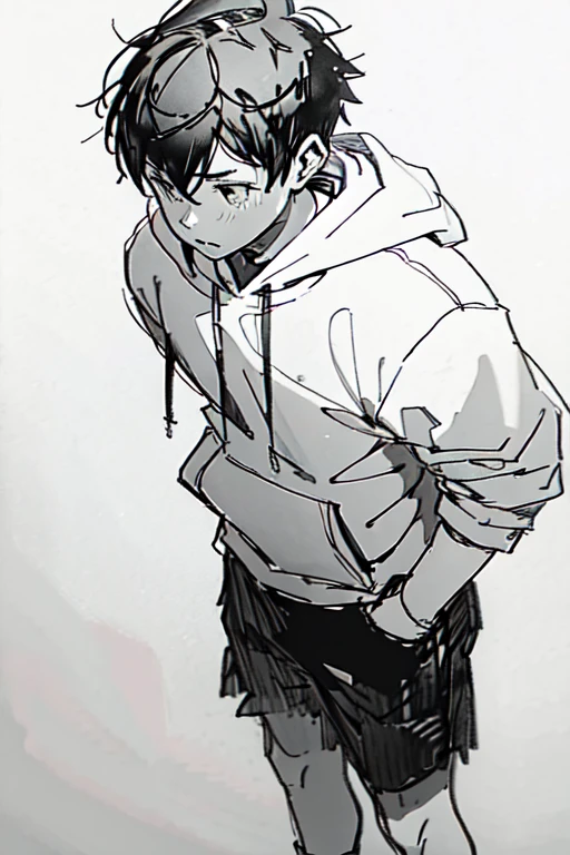 (((Monochrome, sketch, white background))), High quality, 8K, by kenket, by swaybat, by reysi, by Zackary911, by hyattlen, by teranen, by fumiko, by Pixelsketcher, by Bayard Wu, by Einshelm, by Kilinah, by Hioshiru, by fluff-kevlar, by Dimwitdog, Furry, Anthro, solo, ((australian shepard)), ((female)), ((young)), fluffy tail, slender, ((short white hair)), chest fluff, short, casual, oversized hoodie, panties, thigh gap, behind, rear, backside