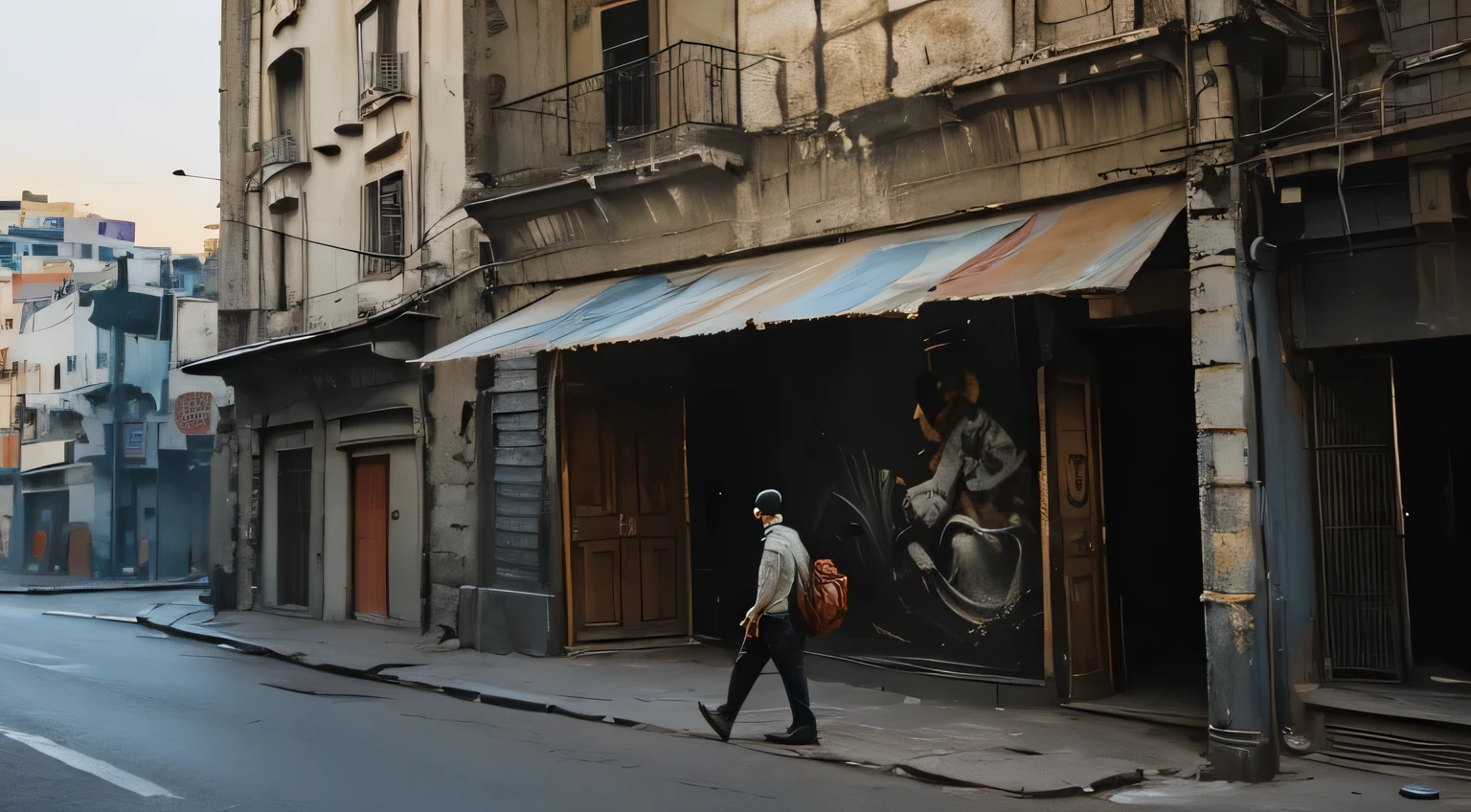 "A sad man passing by a deserted street in Estácio, Rio de Janeiro, with a mural (old wall) depicting torn hearts on an outdoor billboard. (best quality, highres), with ultra-detailed and realistic portrayal, showcasing the vibrant colors and bokeh effect. The mural is created with a mix of painting and illustration techniques, giving it an artistic touch. The street is empty, emphasizing the desolation and loneliness. The old wall showcases a weathered texture, adding character to the scene. The lighting is dramatic, casting long shadows on the wall and creating a sense of mystery. The overall color tone is somber, with a hint of melancholy. The old men walking past the mural is wearing casual attire, conveying a sense of solitude and contemplation. The mural acts as a visual representation of heartbreak and emotional vulnerability, setting a poignant tone for the artwork. The composition of the image is carefully framed to capture the essence of the deserted street and the emotional impact of the mural's imagery.