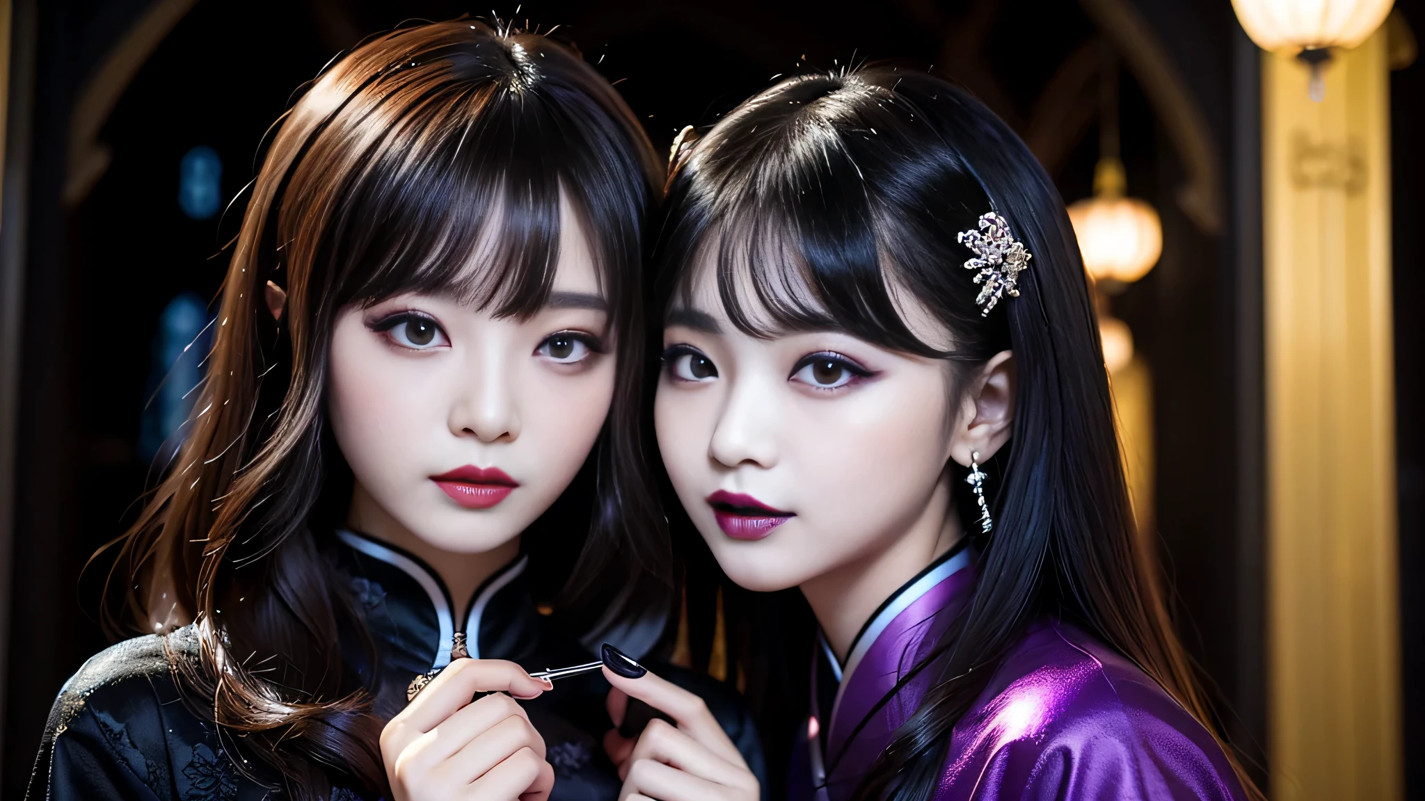 2girls、best quality、ultra-detailed、4k、Japanese、Seductive beauty、seductive adult woman、Pretty Woman、cool girl、Villainess、Brainwashed、brainwash、Fallen into evil、smirk、Evil look、Wicked Smile、evil、Brown hair、wavy hair、swept bangs、dark makeup、dark makeup、piercing eyes、hollow eyes,half-closed eyes、Hollow Eyes、Purple Eyeshadow、black lipstick、black lipglos、Long Black Cheongsam、Wide sleeves、night、inside church、Applying lipstick、
