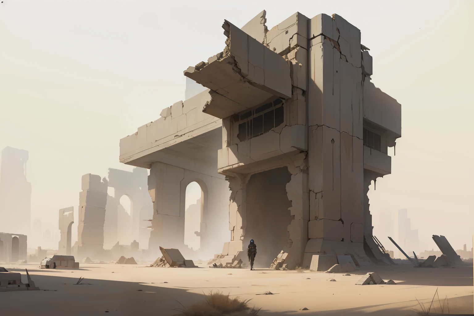 plowed building in the desert with sky background, futuristic ruins, futuristic estructures in ruins, huge giant ancient ruins, ruined alien structures, epic cinematic concept art, artes conceituais, unreal engine rendering concept art, dramatic conceptual art, arte conceitual impressionante, science fiction temple exterior, arte conceitual hiperdetalhada, artes conceituaistyle, cinematic concept art, arte conceitual limpa