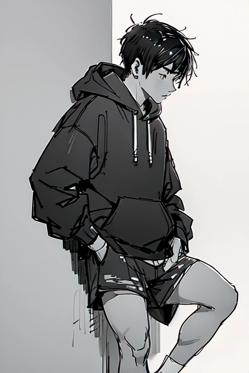 simple sketch of a teen boy  in a black hoodie, shorts, short hair, monochrome grayscale pencil  sketch, white background, simple pose