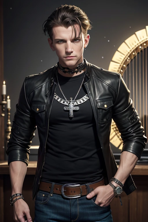 Sebastian Roché 20-year-old boy with open brown jacket, blue t-shirt with snow print, short black hair, punk style, yellow locks, black jeans, green eyes, black leather belt, silver buckle, slim muscular build, cross medallion, silver bracelet, looking straight at the viewer, holding a harp