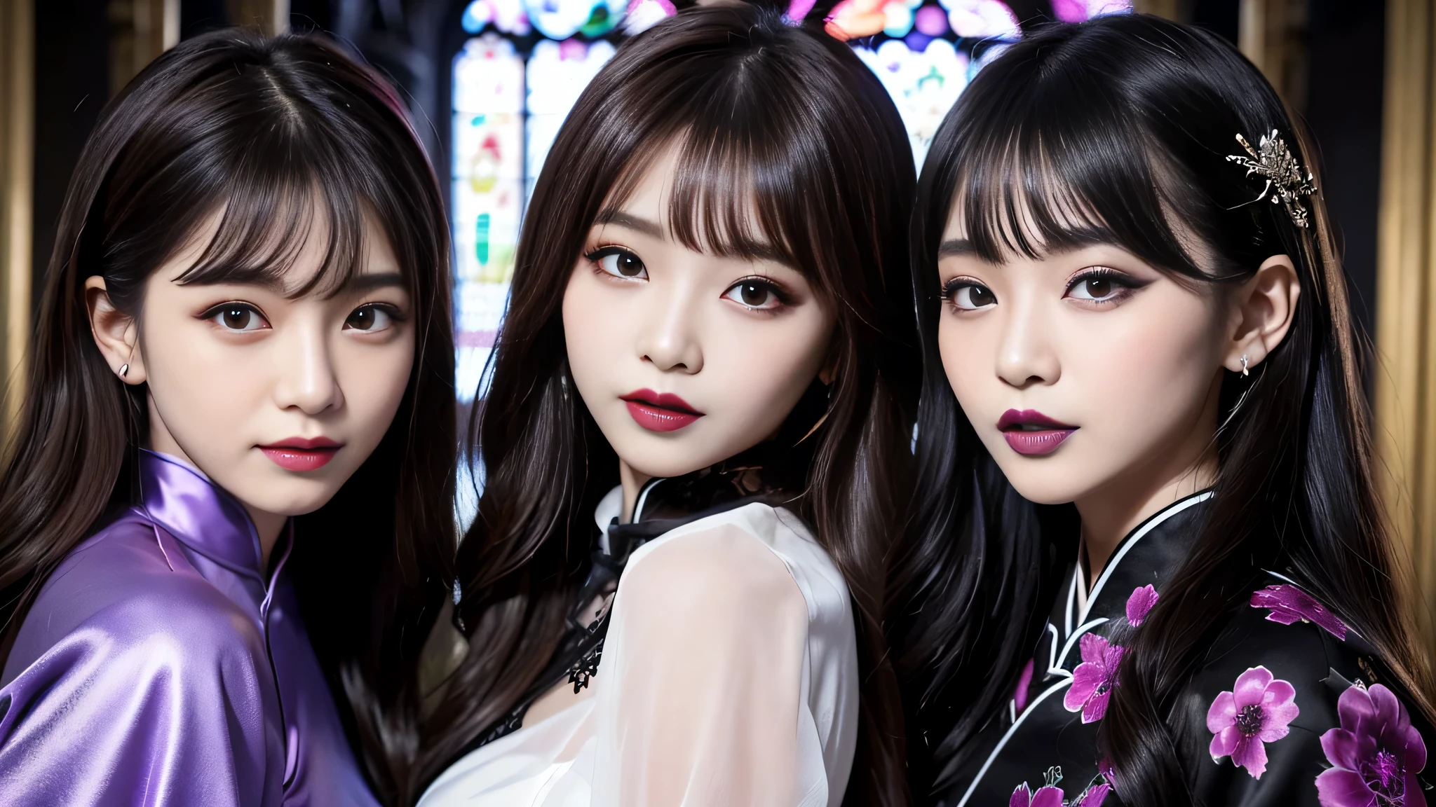 2girls、best quality、ultra-detailed、4k、Japanese、Seductive beauty、seductive adult woman、Pretty Woman、cool girl、Villainess、Brainwashed、brainwash、Fallen into evil、smirk、Evil look、Wicked Smile、evil、Brown hair、wavy hair、swept bangs、dark makeup、dark makeup、piercing eyes、hollow eyes,half-closed eyes、Hollow Eyes、Purple Eyeshadow、black lipstick、black lipglos、Long Black Cheongsam、Wide sleeves、night、inside church、Applying lipstick、