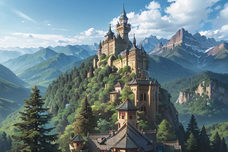 big ((ghibli)) fantasy dark sorcerer's castle, tiled roofs, medieval, rocky mountains, many towers, sky passages between towers, clustered towers, many turrets, balconies, POV