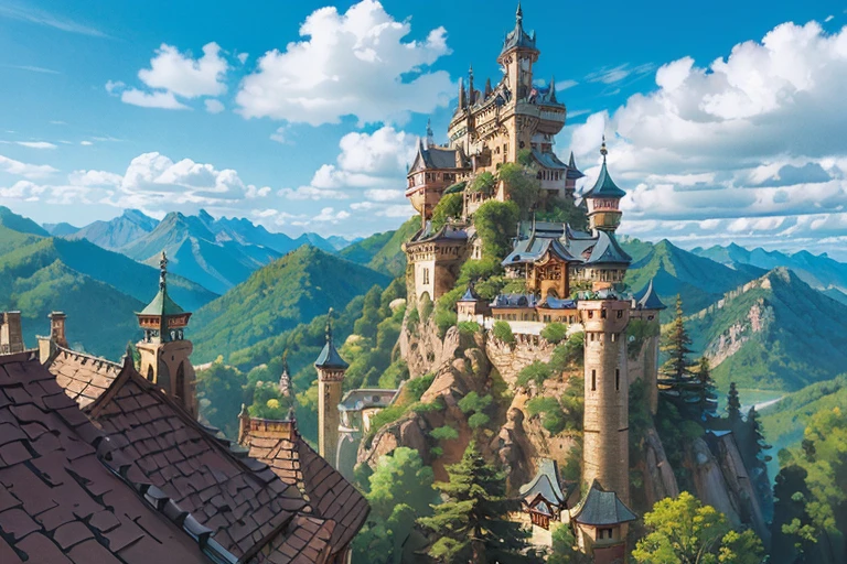 big ((ghibli)) fantasy dark sorcerer's castle, tiled roofs, medieval, rocky mountains, many towers, sky passages between towers, clustered towers, many turrets, balconies, POV