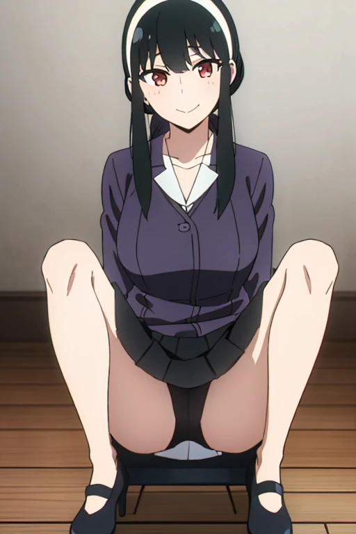 (masterpiece, highest quality: 1.2), alone, 1 girl, alone, panties，，black，see-through panties，Sailor suit，blazer，your heather, smile, Mouth closed, View your viewers, Long black hair, head band,  Earrings, Big Breasts, Medium Waist, Medium Hips, wide thighs, Embarrassing, charm, smiling with her Mouth closed, Good move...., Excellent anatomy,panties，Browsing Caution，classroom，，Sailor suit，blazer，skirt， (((skirtめくり, I can see your pants)))，sitting on desk，love juice spilling on the floor, ((liquid splashing from girl&#39;Between the legs))，