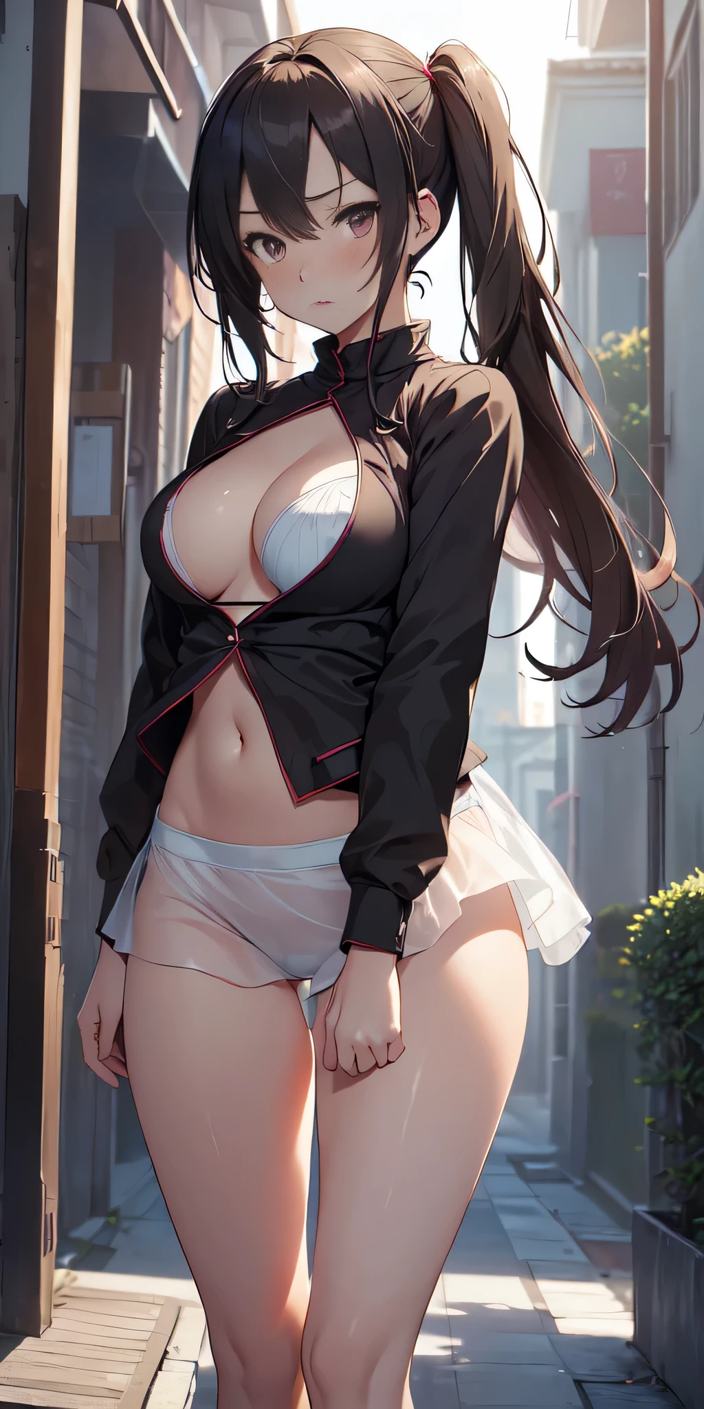 All intricate details: "(masterpiece, best quality, Nobara Kugisaki- anime: Jujutsu Kaisen, 1girl, perfect body, solo, blush, symmetrical face, twintails, long hair, hair between eyes, ((very short street wear very short clothes)), city, outdoors, night, extremely detailed, ropa muy delgada y transparente como el aire, very open legs, firm breasts, medium breasts, smooth, high resolution, ultra quality, extremely thin and light clothing transparent as air, open clothing, 15% dree, cinematic lighting, ambient occlusion, extremely detailed anime, Extremely wide diamond neckline, all clothes unbuttoned and open, detailed faces, perfect composition, wide shot, atmospheric lighting, very sexy, lift skirt, random low angle, respetuoso sin censura, image suitable for adults, nsfw , uncensored)