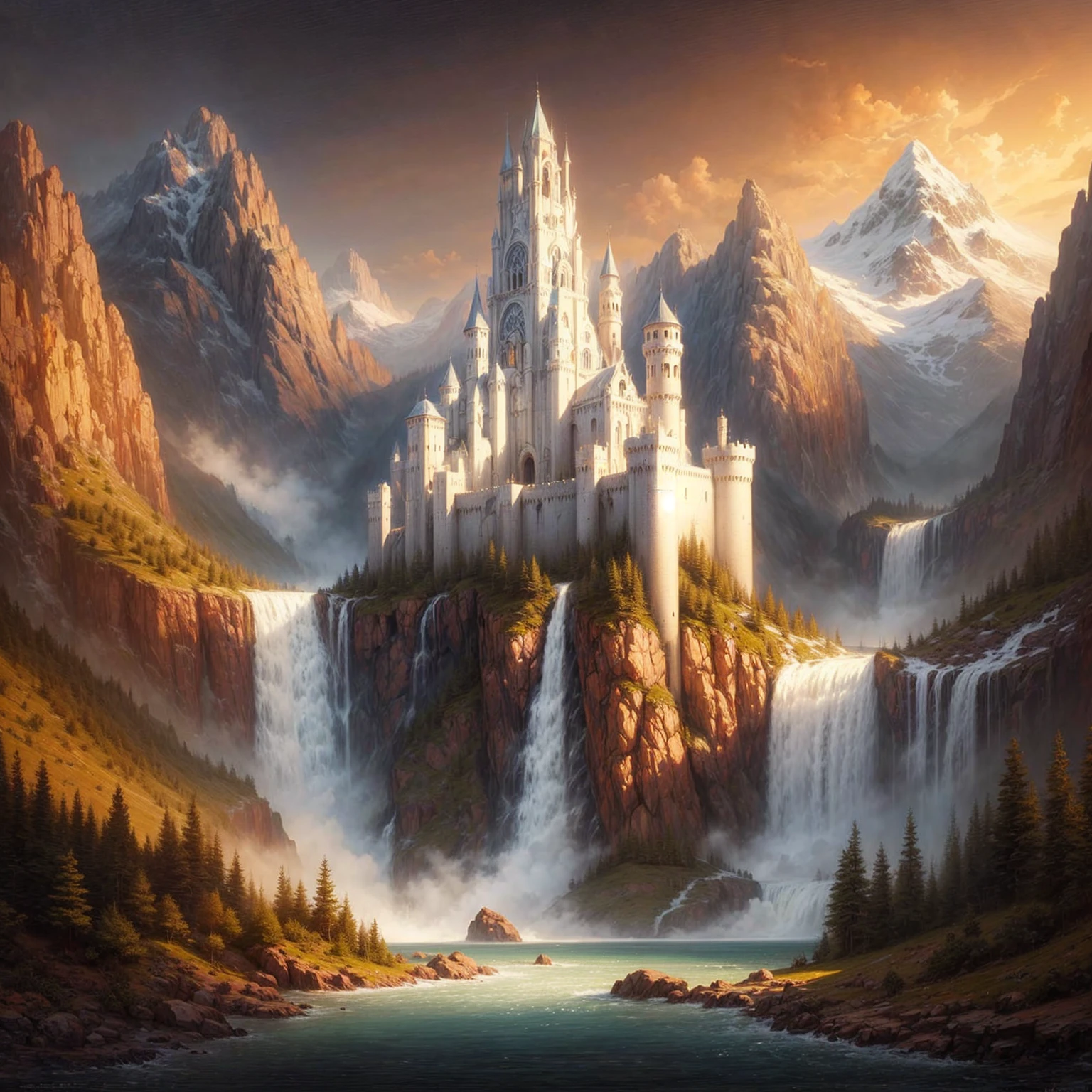 a painting of a castle in the mountains with a waterfall, epische Bruchtal-Fantasie, beeindruckende Fantasielandschaft, atemberaubende Fantasy-Kunst, Fantasieschloss, Symmetrische epische Fantasy-Kunst, high Fantasieschloss, 4K-Fantasy-Kunst, Fantasie hochdetailliert, fantasie szenisch, Detaillierte Fantasy-Kunst, inspiriert von Christophe Vacher, Fantasie Kunst Landschaft, highly Detaillierte Fantasy-Kunst, hochwertige Fantasy-Kunst