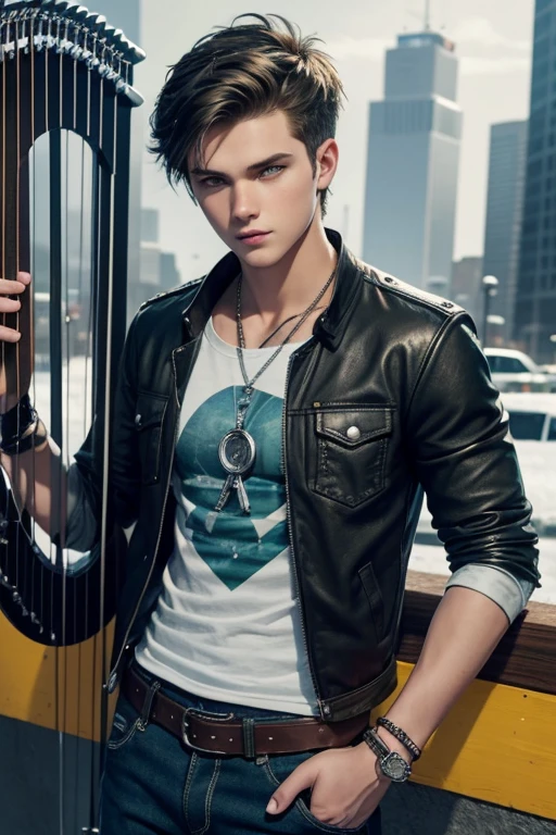 Chris Brochu 20-year-old boy with open brown jacket, blue t-shirt with snow print, short black hair, punk style, yellow locks, black jeans, green eyes, black leather belt, silver buckle, slim muscular build, cross medallion, silver bracelet, looking straight at the viewer, holding a harp