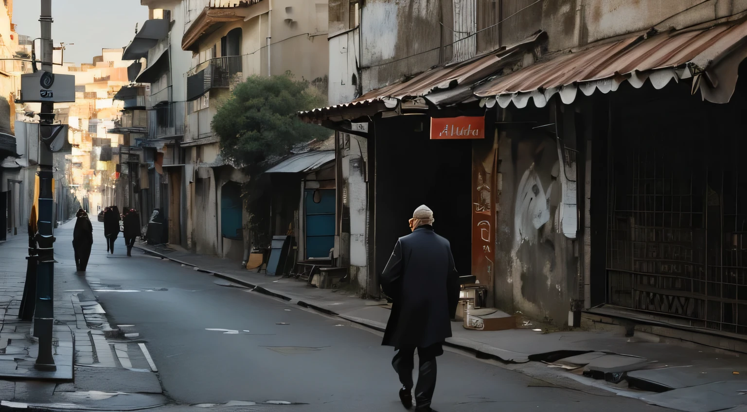 "A sad man passing by a deserted street in Estácio, Rio de Janeiro, with a mural (old wall) depicting torn hearts on an outdoor billboard. (best quality, highres), with ultra-detailed and realistic portrayal, showcasing the vibrant colors and bokeh effect. The mural is created with a mix of painting and illustration techniques, giving it an artistic touch. The street is empty, emphasizing the desolation and loneliness. The old wall showcases a weathered texture, adding character to the scene. The lighting is dramatic, casting long shadows on the wall and creating a sense of mystery. The overall color tone is somber, with a hint of melancholy. The old men walking past the mural is wearing casual attire, conveying a sense of solitude and contemplation. The mural acts as a visual representation of heartbreak and emotional vulnerability, setting a poignant tone for the artwork. The composition of the image is carefully framed to capture the essence of the deserted street and the emotional impact of the mural's imagery.