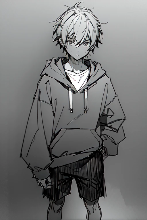 simple sketch of a teen boy  in a black hoodie, shorts, short hair, monochrome grayscale pencil  sketch, white background