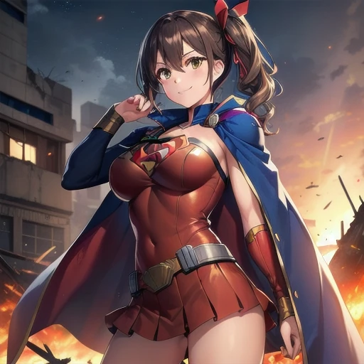 One girl,zuikaku,Huge Breasts,Superhero Pose,Standing in the ruins of a city,(8k),scratch,Detailed face,brown hair,Yellow Eyes,Very long hair,Embarrassing,A small smile, Side Ponytail,Orange Eyeshadow,hair ornaments, expensive_resolution, expensive_meaning,battlefield,Blue Suite,Red Cape,(Supergirl Custom:1.1),