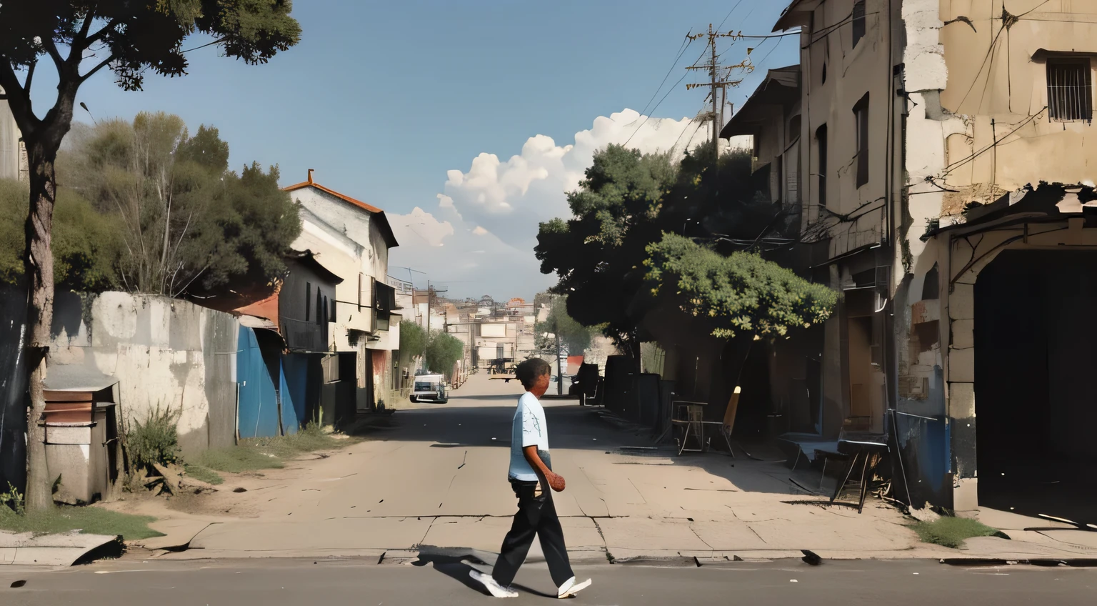 "A sad man passing by a deserted street in Estácio, Rio de Janeiro, with a mural (old wall) depicting torn hearts on an outdoor billboard. (best quality, highres), with ultra-detailed and realistic portrayal, showcasing the vibrant colors and bokeh effect. The mural is created with a mix of painting and illustration techniques, giving it an artistic touch. The street is empty, emphasizing the desolation and loneliness. The old wall showcases a weathered texture, adding character to the scene. The lighting is dramatic, casting long shadows on the wall and creating a sense of mystery. The overall color tone is somber, with a hint of melancholy. The old men walking past the mural is wearing casual attire, conveying a sense of solitude and contemplation. The mural acts as a visual representation of heartbreak and emotional vulnerability, setting a poignant tone for the artwork. The composition of the image is carefully framed to capture the essence of the deserted street and the emotional impact of the mural's imagery.