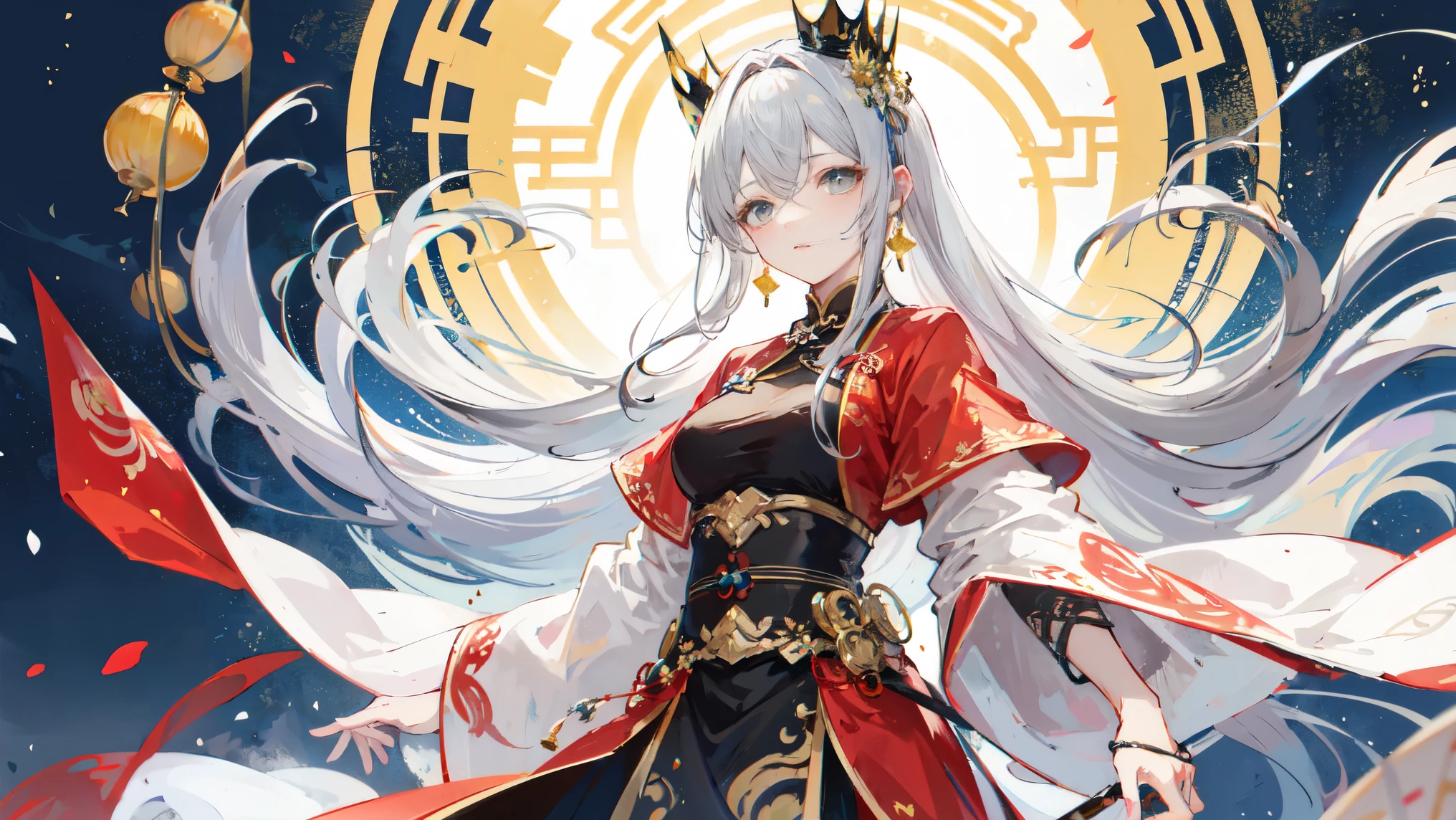 emperor of chinese、luxury、Chinese court、Gray Hair、Long Hair、Yellow Chinese formal wear、crown、Girl、Long skirt、