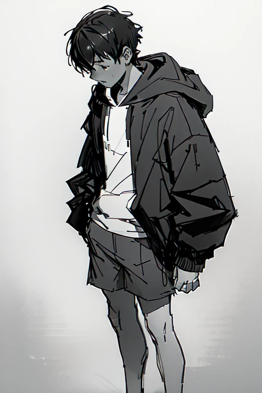 simple sketch of a teen boy  in a black hoodie, shorts, short hair, monochrome grayscale pencil  sketch, white background