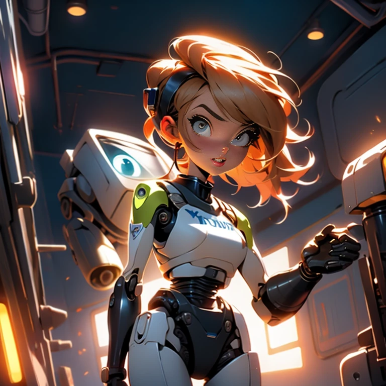 Girl inspired by Eva from Pixar Wall-E animation with the wall-e robot in adult format atirando lazers